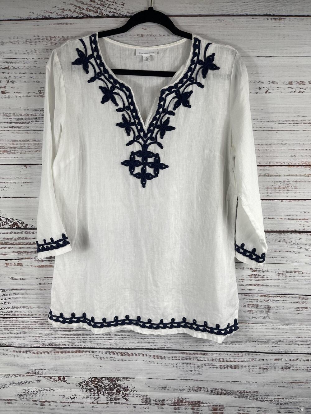 Charter Club Shirt Women's Size M White Navy Embroidered Tunic 3/4 Sleeve Boho